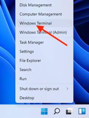Right-click the Start menu button and then select Windows Terminal or Windows PowerShell