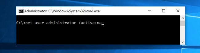 Command prompt with the command to disable the administrator account.
