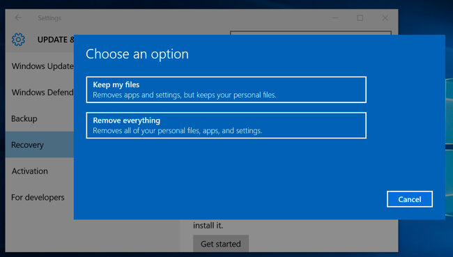 The "Reset This PC" options. Try "Keep My Files" first.