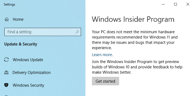 Windows Insider Program options.