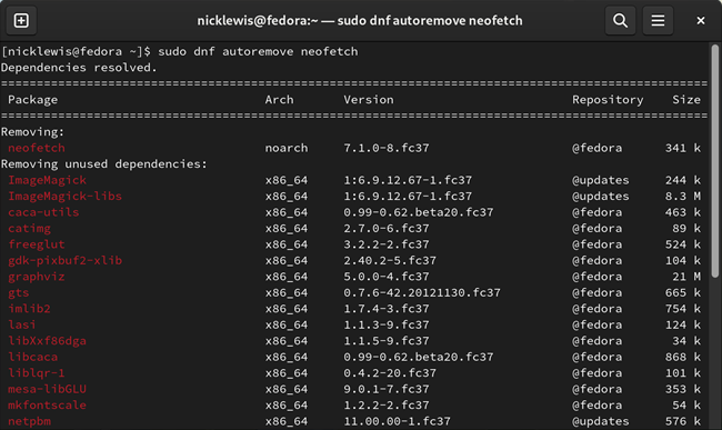 Run &quot;sudo dnf autoremove neofetch&quot; to remove Neofetch and all of its dependencies on Fedora. 