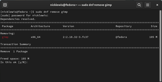 Run &quot;sudo dng remove gimp&quot; to uninstall GIMP on Fedora. 