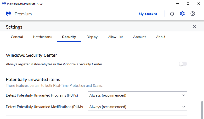Configuring Malwarebytes Premium to not register in the Windows Security Center
