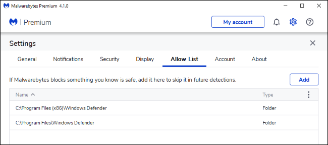Adding exclusions for Windows Defender to the Malwarebytes Allow List.