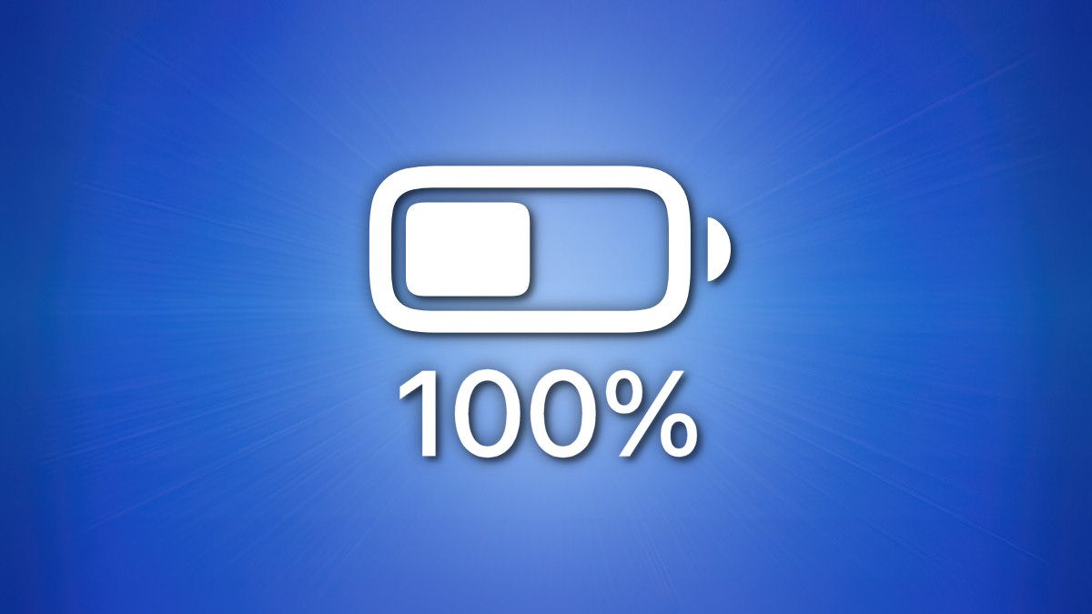 An Apple battery icon with a 100% battery percentage below it on a blue background.