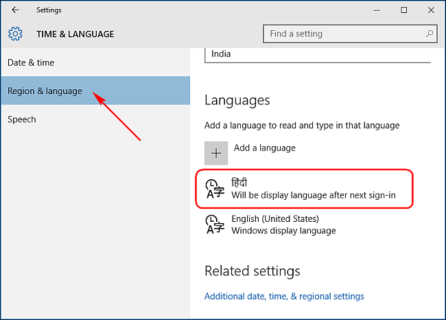 Hindi has been set as the default language.