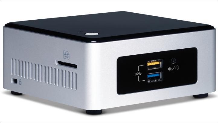 An very small Intel NUC case in silver and black revealing the rear I/O ports.