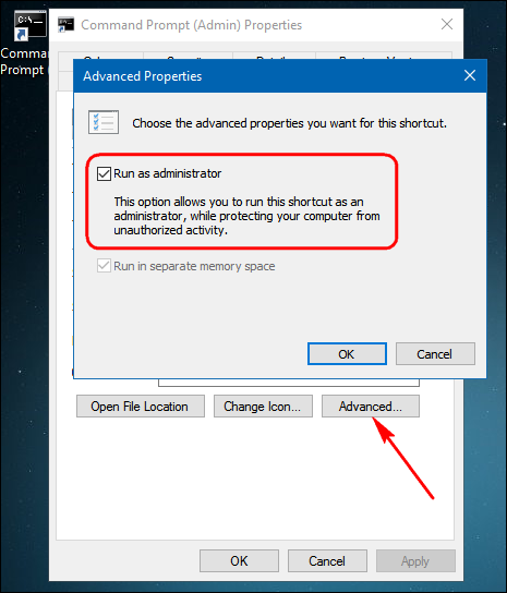 Right-click the shortcut, then click &quot;Properties.&quot; Select the &quot;Advanced&quot; button, then tick the box that says &quot;Run as Administrator&quot; to make the Command Prompt launch as administrator. 
