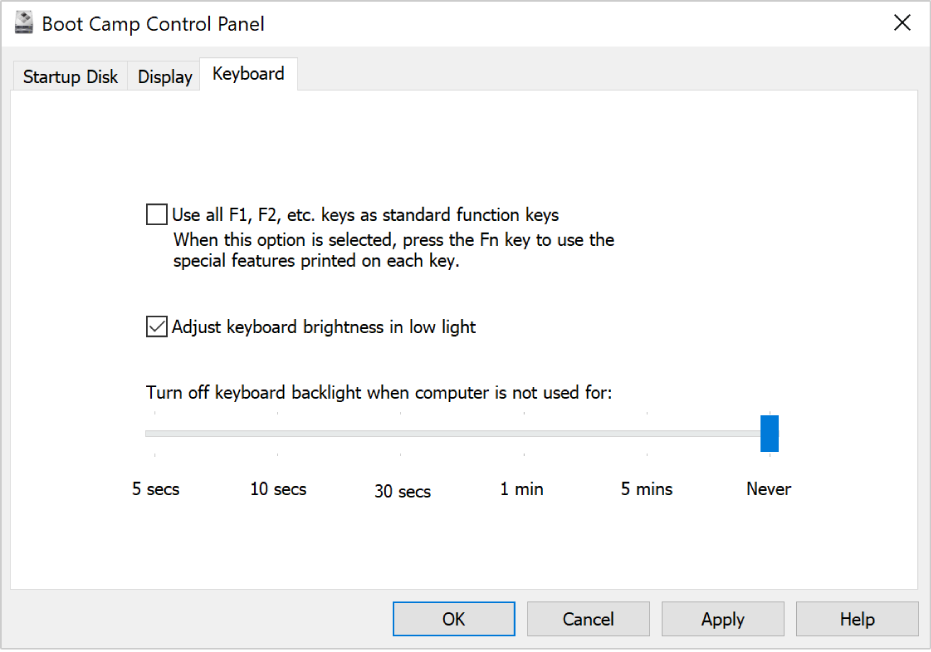 Open up the Boot Camp Control Panel, head to the "Keyboard" tab, then tick the box next to "use all F1, F2, etc, keys as function keys."