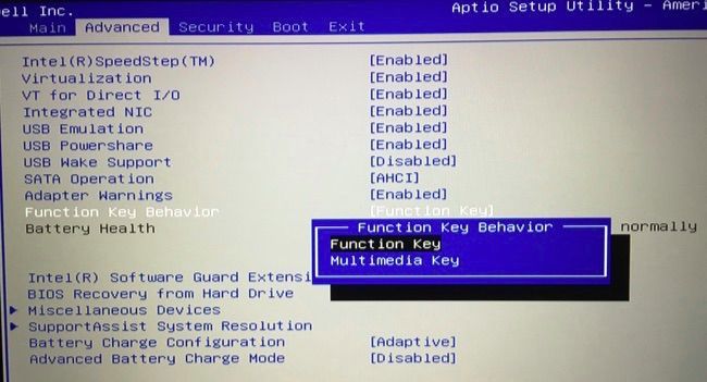 A Dell laptop's BIOS where the Function Key Behavior has been set to "Function Key."