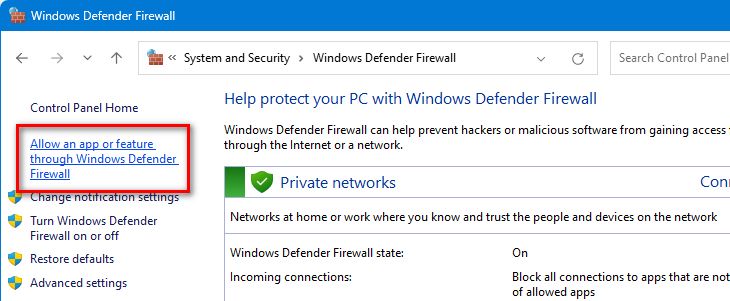 A screenshot of Windows Defender Firewall, showing how to access the firewall list.