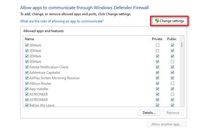 A screenshot of Windows Defender Firewall showing how to enable list editing by clicking Change Settings.