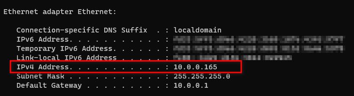 A screenshot of an the results of the ipconfig command showing the local IP address of a computer.