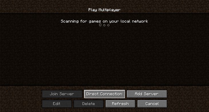 The multiplayer screen for Minecraft with the direct connection button highlighted.