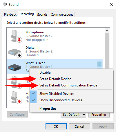Right-click &quot;Stereo Mix&quot; or &quot;What U Hear&quot; and enable &quot;Set As Default Device&quot; and &quot;Set As Default Communication Device.&quot;