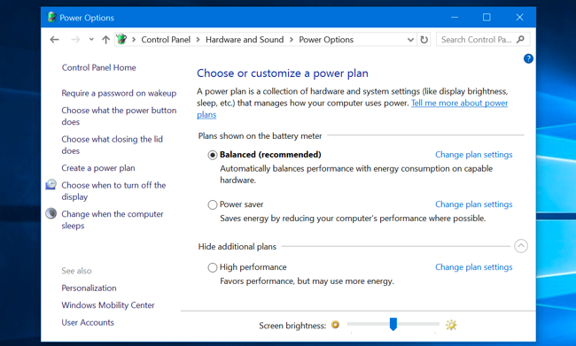 Power plan settings in the Control Panel.