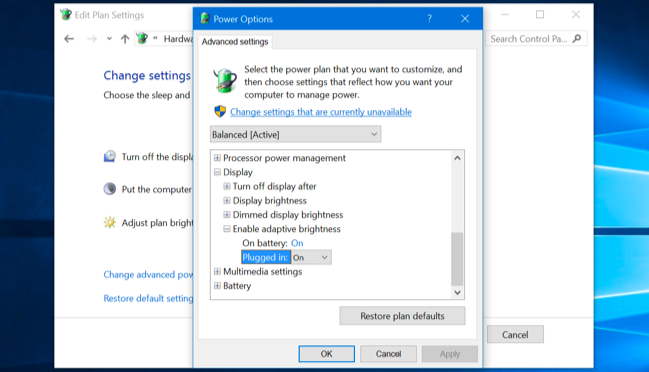 Controlling adaptive brightness in Windows 10's Power Plan options.