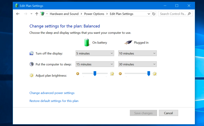 Editing power plan settings in Windows 10's Control Panel.