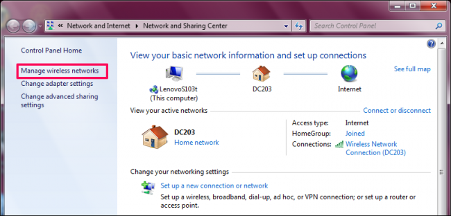 Click &quot;Manage Wireless Networks&quot; in the &quot;Network and Sharing Center.&quot;