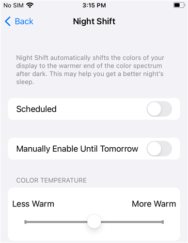 The Night Shift option screen on iOS 15.6.