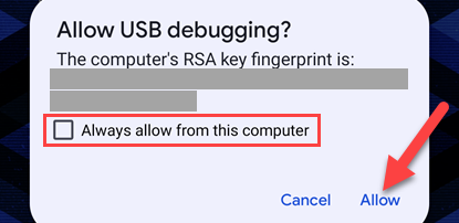 Allow USB debugging from computer.