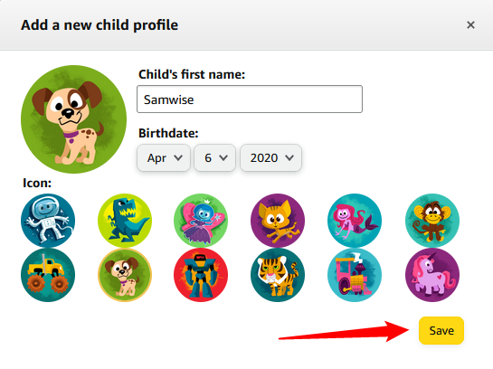 Enter your child's name, birthdate, and then pick a picture.