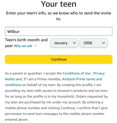 Enter your teen's name, then click "Continue."