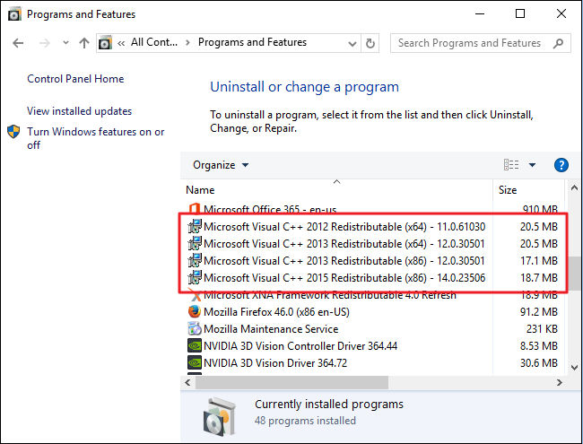 Multiple versions of Microsoft Visual C++ Redistributable installed on Windows 10.