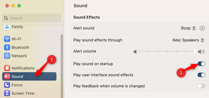 Click "Sound" and toggle "Play sound on startup."