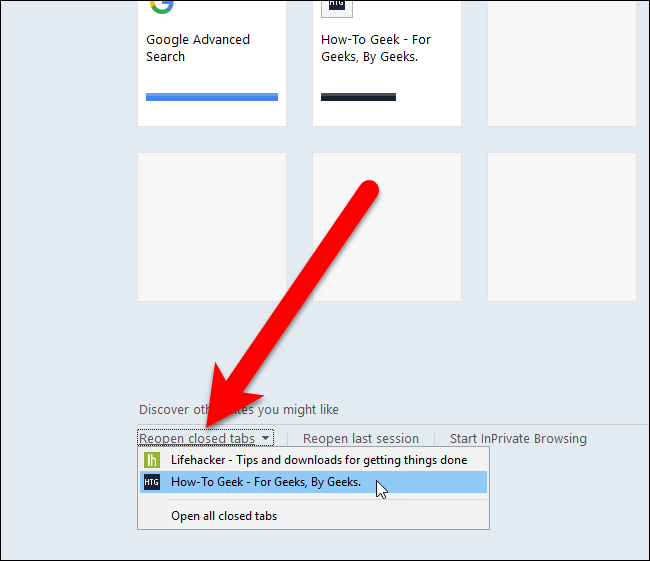 An option to reopen closed tabs present in older versions of Internet Explorer on the New Tab page. 