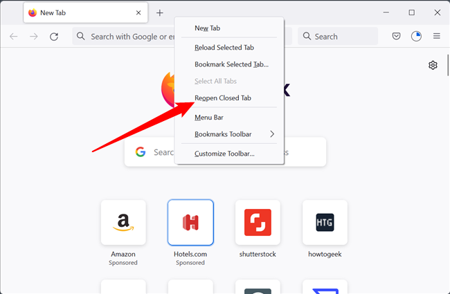 Right-click the Firefox title bar, then click "Reopen Closed Tab."