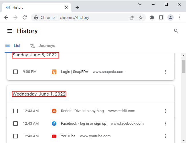 Chrome's history page sorts your browsing by date and time.