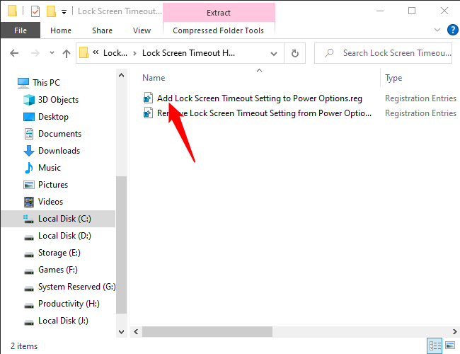 Double-click "Add Lock Screen Timeout Setting to Power Options.reg"