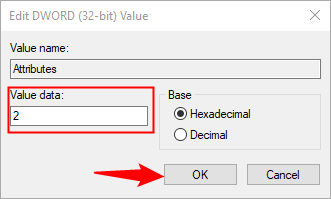 Change "Value Data" from 1 to 2, then click "OK."