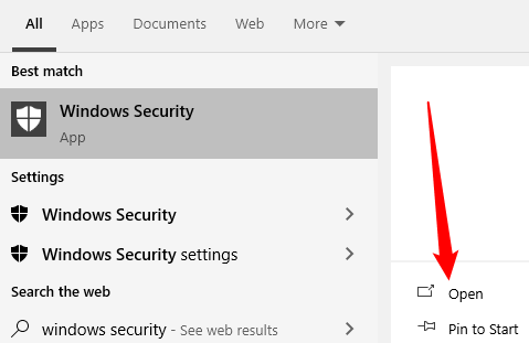 Enter "Windows Security" into the Start menu search, then click "Open" or hit Enter.