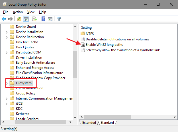 Navigate to "FileSystem" in the Local Group Policy Editor, then double-click "Enable Win32 Long Paths."