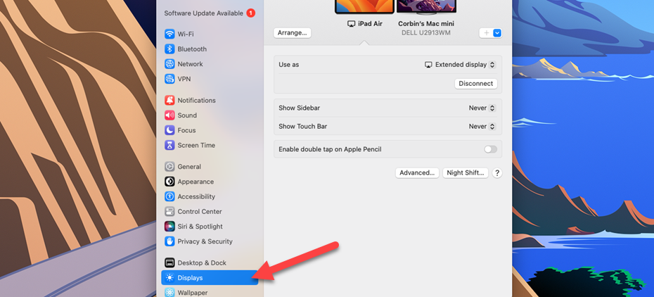 iPad in the Mac display settings.