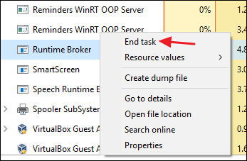 Right-click Runtime Broker and click &quot;End Task.&quot;