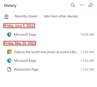 The history menu is sorted by date.