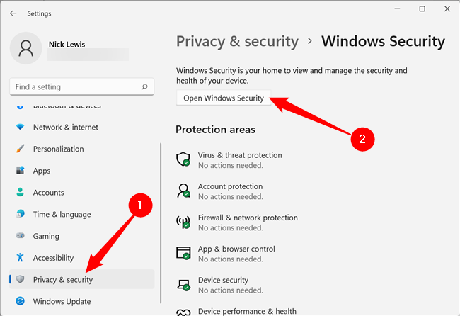 Select "Privacy and Security" and then "Open Windows Security."