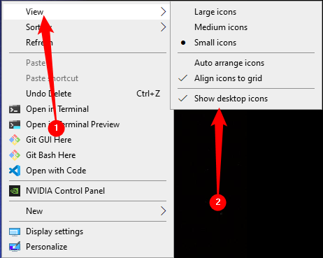 Right-click your desktop, mouse over "View," then click "Show Desktop Icons." 