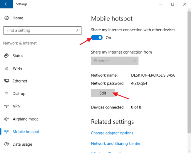 Edit your network to customize the network name and password, then click the toggle button to enable the mobile hotspot. 