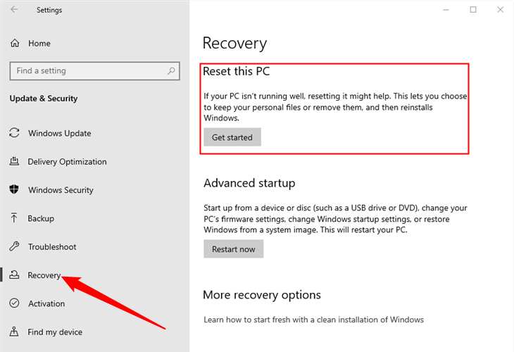 Navigate to Settings &gt; Updates and Security &gt; Recovery to access &quot;Reset This PC&quot; on Windows 10. 