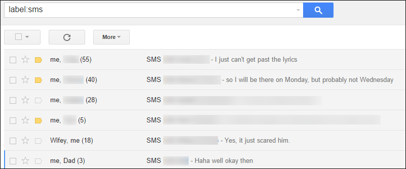 SMS/MMS shown in the gmail inbox. 