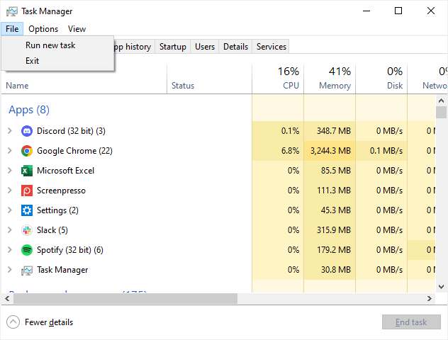 The &quot;Run&quot; option available in Task Manager. 