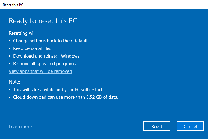 The final page before you reset your PC. 