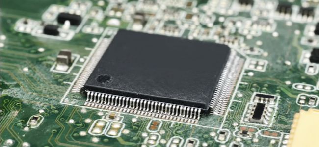 A computer chip on a motherboard