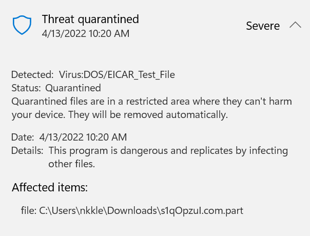 EICAR test file is detected by Microsoft Defender.