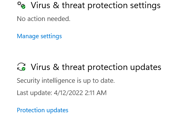 Microsoft Defender is up to date and running real-time protection.