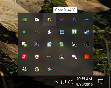 Core Temp displaying CPU core temperatures in Windows 10&rsquo;s notification area.
